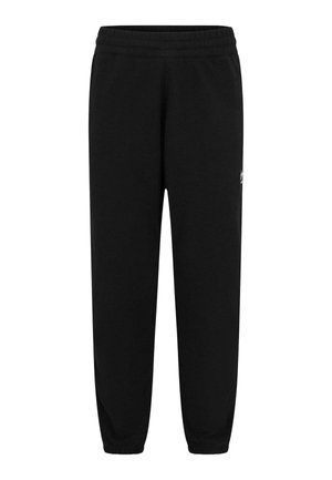 Pantaloni della tuta neri realizzati in tessuto morbido; presentano una vita elastica, orli a costine e un piccolo logo sulla parte inferiore della gamba sinistra.