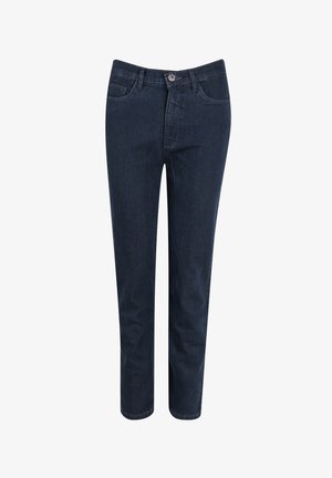 Dunkelblaue Jeans aus Denim, mit eine engen Passform, im Fünf-Taschen-Stil und einem Knopfverschluss an der Taille. Glatte Textur.