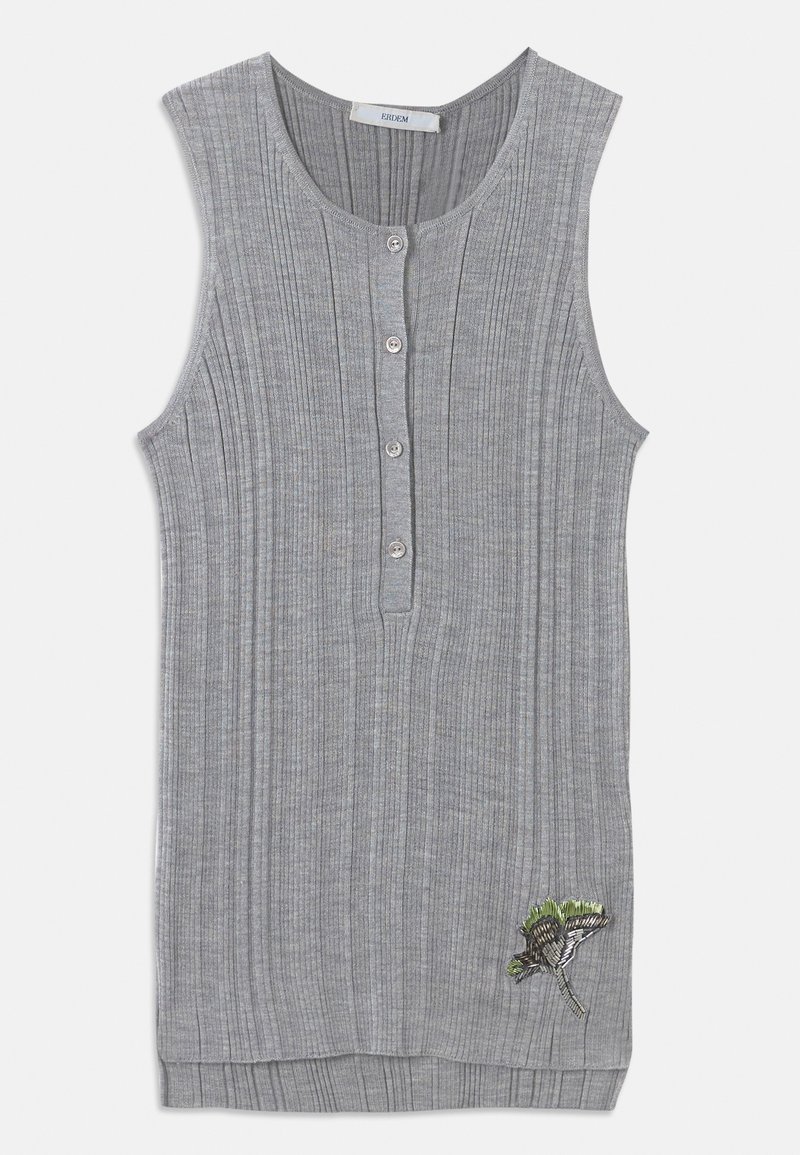 Gray sleeveless top with ribbed texture, featuring four buttons down the front and an embroidered green plant design on the lower side.
