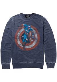 Sweatshirt blu navy realizzato in tessuto morbido, con una grafica di un supereroe che tiene uno scudo davanti a un design circolare rosso e bianco.