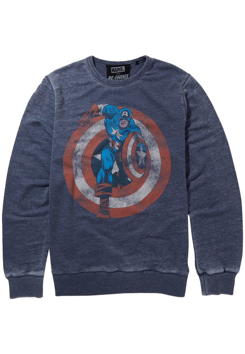 Sweatshirt blu navy realizzato in tessuto morbido, con una grafica di un supereroe che tiene uno scudo davanti a un design circolare rosso e bianco.