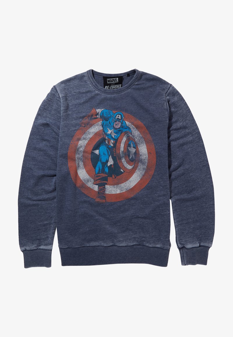 Sweatshirt blu navy realizzato in tessuto morbido, con una grafica di un supereroe che tiene uno scudo davanti a un design circolare rosso e bianco.
