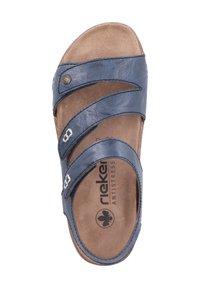 Blue leather sandal with three cross straps, cushioned insole, and a subtle logo. Smooth texture with a light brown sole.