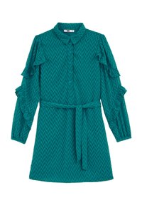 Rochie teal cu un model în zigzag, guler, nasturi și mâneci voluminoase. Include o curea asortată și manșete elastice pentru ajustarea mărimii.