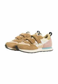 Sneakers in velluto beige e rete beige, con un design a stella bianca, un accento sul tallone rosa e una suola blu. Punta arrotondata e costruzione leggera.