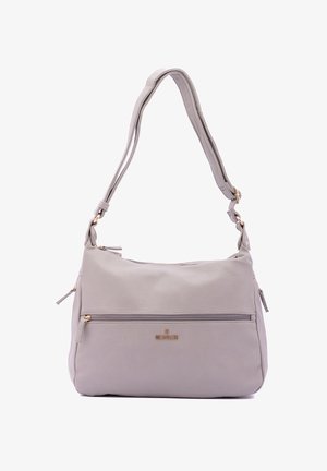 Borsa a spalla in pelle grigio chiaro con finitura testurizzata, doppi manici superiori, tasca frontale con zip e logo del marchio in tonalità oro sulla parte anteriore.