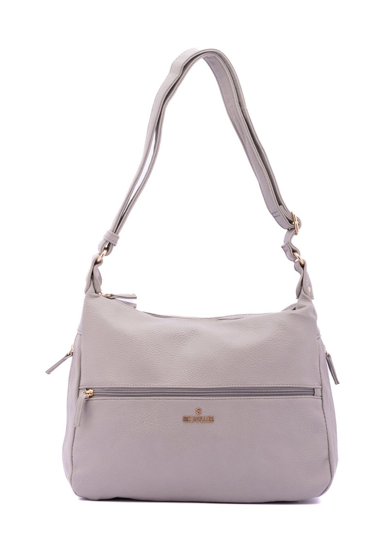 Borsa a spalla in pelle grigio chiaro con finitura testurizzata, doppi manici superiori, tasca frontale con zip e logo del marchio in tonalità oro sulla parte anteriore.