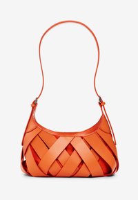 Orange woven leather handbag with a curved top, a single adjustable strap, and a textured surface featuring interlaced design.