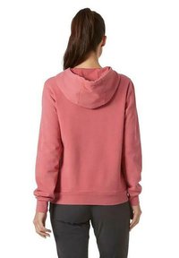 Sudadera con capucha de tela rosa suave, que presenta una capucha, mangas largas y un corte relajado, con puños y dobladillo acanalados. Diseño liso.