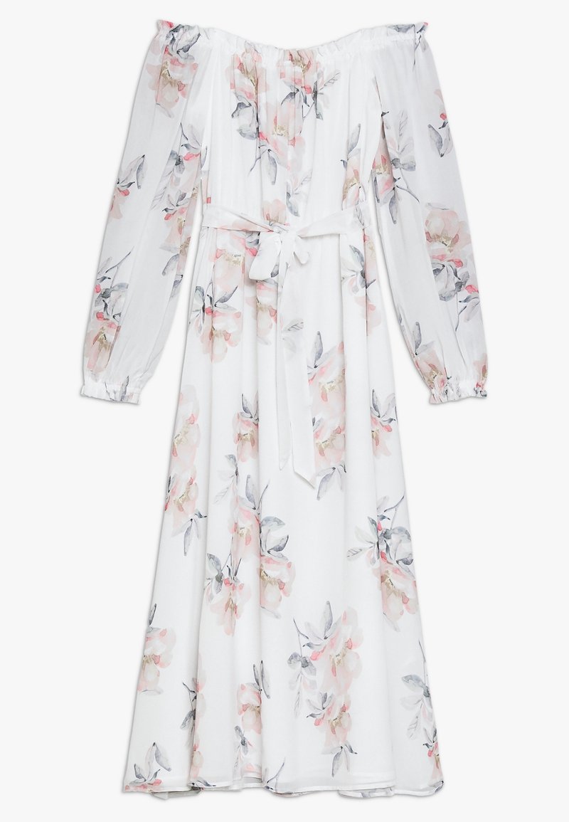 Robe longue blanche à épaules dénudées avec imprimé floral rose pastel et gris et ceinture nouée à la taille.