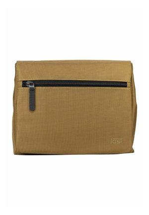 Trousse de toilette rectangulaire de couleur beige avec une poche zippée noire à l'avant et un logo discret embossé en bas à droite.