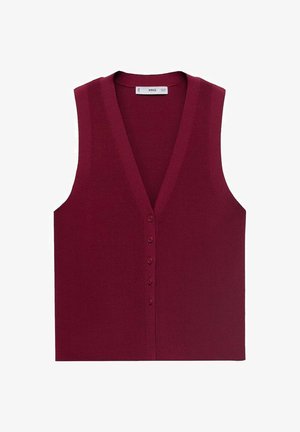 Bordo brezrokavni pleteni jopič z globokim V-izrezom, ki ima šest gumbov po sprednji strani in rebrasto teksturo.