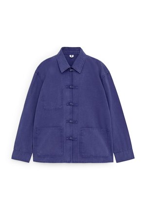Men's long-sleeve indigo jacket with collar, three front toggle closures, two lower patch pockets, and one upper left chest pocket.