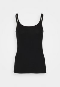 Svart tanktop i mjukt material, med tunna axelremmar, rund halsringning och en figurnära design med en slät textur.