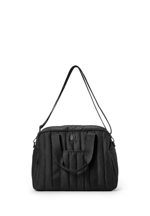 Black quilted fabric shoulder bag with two short handles and one long adjustable strap on a white background.