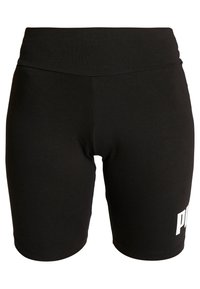 Shorts da bicicletta neri a vita alta, realizzati in un materiale liscio e elasticizzato, con un logo bianco sulla gamba destra in basso.