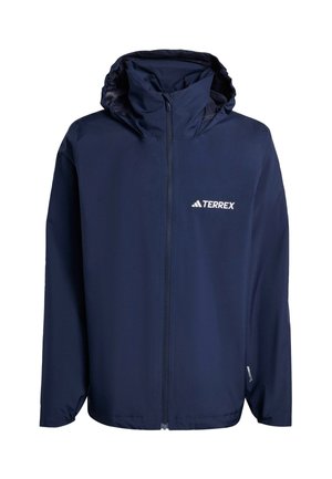 Navyblauwe waterdichte jas met capuchon, voorzien van een frontzipper en Terrex-logo in het wit. Gladde textuur, lange mouwen en een relaxed fit.