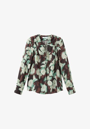 Pitkähihaisen paidan kukkakuosi on vihreä ja valkoinen ruskealla taustalla, jossa on rypytetty kaula-aukko ja nauhakiinnitys.