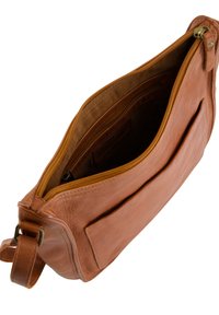 Brown leather crossbody bag with a zippered top, interior pockets, and a front slip pocket. Features a sturdy adjustable strap.