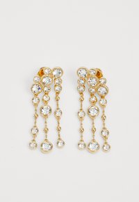 Gold-tone earrings featuring multiple round clear crystals in various sizes, cascading on delicate chains for a layered effect.