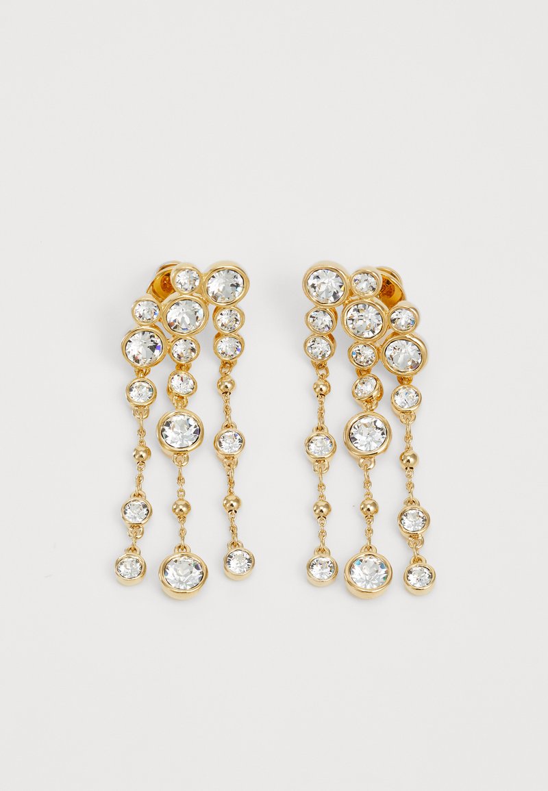 Gold-tone earrings featuring multiple round clear crystals in various sizes, cascading on delicate chains for a layered effect.