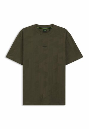 T-shirt manches courtes vert olive avec un motif géométrique subtil et un petit logo "BOSS" centré sur la poitrine.
