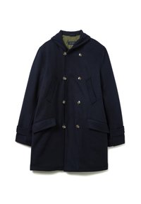 Abrigo de lana azul marino con capucha, cierre de botones cruzados, dos bolsillos delanteros y textura suave. El forro interior es verde.