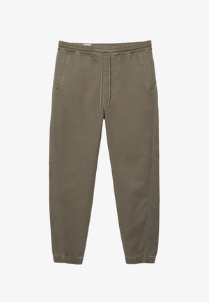 Khaki Jogginghosen aus weichem Stoff, mit einem elastischen Bund mit Kordelzug, zwei Seitentaschen und elastischen Bündchen.