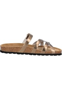 Sandali in bronzo metallico con diverse cinghie incrociate, sottopiede in sughero e suola in gomma nera. Design aperto e profilo piatto per comfort.