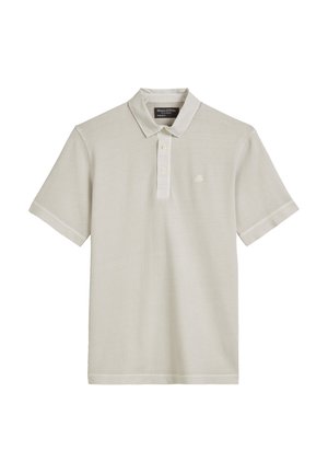 Poloshirt in hellem Beige. Kurze Ärmel, Kragen, Zwei-Knopf-Leiste. Subtiles Logo auf der linken Brust. Hergestellt aus weichem, strukturiertem Stoff.