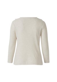 Hellbeige gestreiftes Langarmshirt mit weitem Ausschnitt und geradem Saum, das Schulterakzentdetails und einen weichen, strukturierten Stoff aufweist.