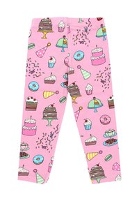 Różowe legginsy z wesołym wzorem deserów, w tym ciast, babeczek i pączków, z kolorowymi akcentami i zabawnymi ilustracjami.
