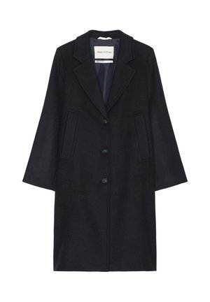 Wollmischungs-Überzug, dunkelnavy Farbe, einreihiges Design mit Reverskragen, fünf Knöpfen und zwei aufgesetzten Vorderaschen.