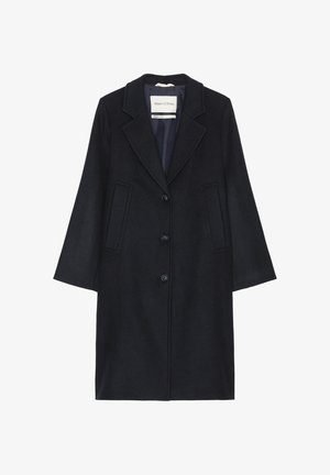 Wollmischungs-Überzug, dunkelnavy Farbe, einreihiges Design mit Reverskragen, fünf Knöpfen und zwei aufgesetzten Vorderaschen.