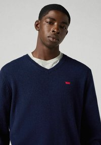 Marinblå ulltröja med V-halsdesign. Har en liten röd logotyp på bröstet och ett texturerat stickmönster. Det inre lagret är en ljusgrå t-shirt.