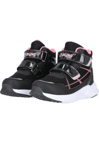 Schwarze Netz-Hochschuh-Sneaker mit pinken Akzenten, ausgestattet mit zwei Klettverschlüssen, einem gepolsterten Kragen und einer strukturierten Gummisohle.