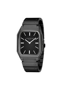 Orologio ottagonale nero con finitura opaca, caratterizzato da un quadrante nero, indicatori delle ore bianchi e un bracciale a maglie metalliche. Design semplice e moderno.