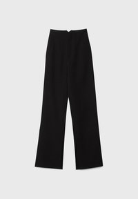 Pantalon noir taille haute à jambes larges avec de discrètes fentes avant à l’ourlet, présenté sur un fond clair uni.
