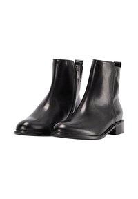 Stivali ankle neri in pelle con finitura liscia, tacco quadrato e rettangolare, zip laterale e dettagli di cucitura minimali.