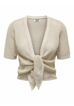 Korte mouwen beige gebreide cardigan met een v-hals, open voorkant en een strik taille. Textuurpatroon met ademende stof.