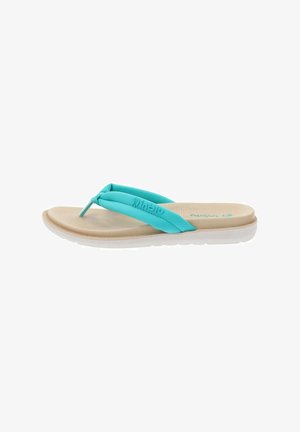 Infradito in gomma blu con una soletta beige texturizzata, fasce sottili e una suola bianca. Presenta un piccolo accento argentato sulla fascia.