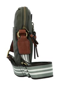 Grüne Nylon-Tasche mit braunen Lederakzenten, goldenen Reißverschluss und gestreiftem Stoffgurt. Verfügt über eine Seitentasche und eine strukturierte Oberfläche.