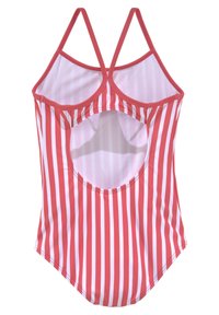Rot-weißer gestreifter Einteiler mit Scoop-Rücken, dünnen Trägern und einem Ausschnitt auf dem Rücken, aus dehnbarem Material gefertigt.