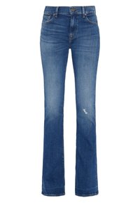 Jeans en denim bleu évasés avec une finition décolorée, dotés d'un design à cinq poches, de passants de ceinture et d'une légère déchirure au-dessus du genou.