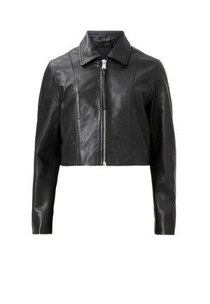 Cropped black leather jacket with a zipper front, pointed collar, and long sleeves featuring subtle stitching details.