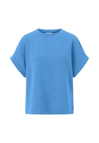Niebieska krótkosleeve'owa bluza wykonana z miękkiego materiału, z okrągłym dekoltem i luźnym krojem, z rękawami zakończonymi mankietami i prostym dołem.
