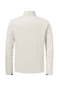 Langärmliges Hemd aus off-weißem Stoff mit hohem Kragen und einem kleinen grünen Akzentstich hinten, sowie schwarzen Details an den Manschetten.