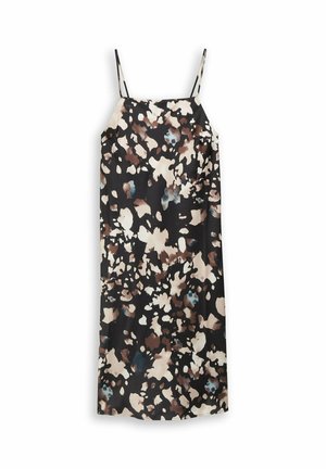 Schwarzes ärmelloses Kleid mit einem floralen Muster in Beige, Braun und Blaugrün, mit zarten Trägern und einer lockeren Passform.