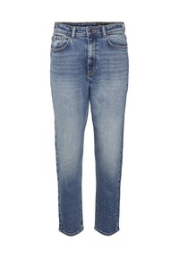 Hellblaue Denim-Jeans mit schmalem Schnitt, fünf Taschen und leichten Ausbleichungen. Mit einem Metallknopf und Reißverschluss.
