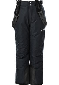 Pantalon de ski noir isolé avec des bretelles réglables, présentant des accents en tissu noir renforcé aux chevilles et une texture lisse.